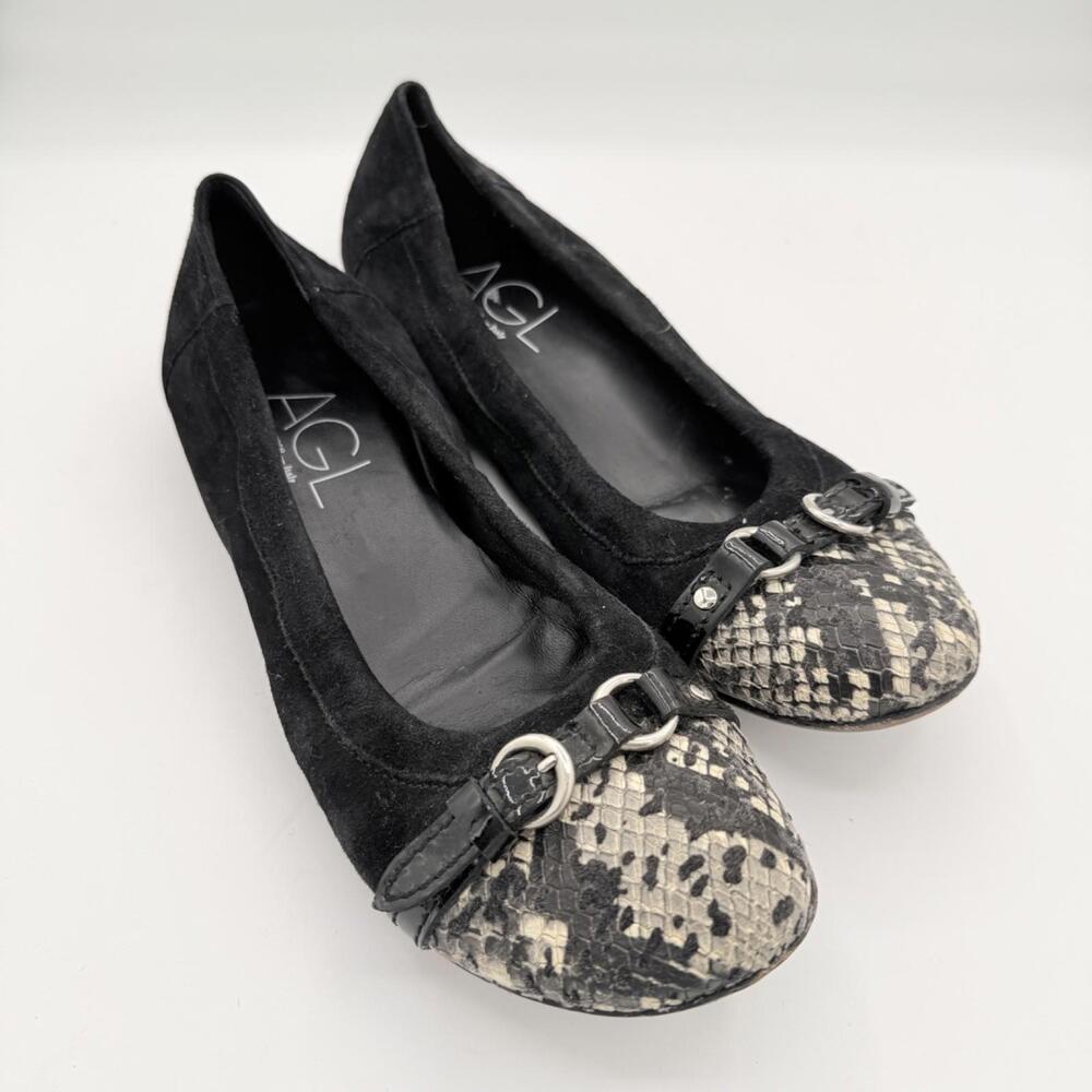 AGL‎ Monika Ballet Flat Size 36.5 EU 6 US Black Suede Snake Cap Toe Dress Shoe